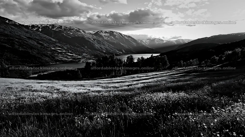 Rolling valley with lake and mountains under cloudy sky – stock images 10608x5938