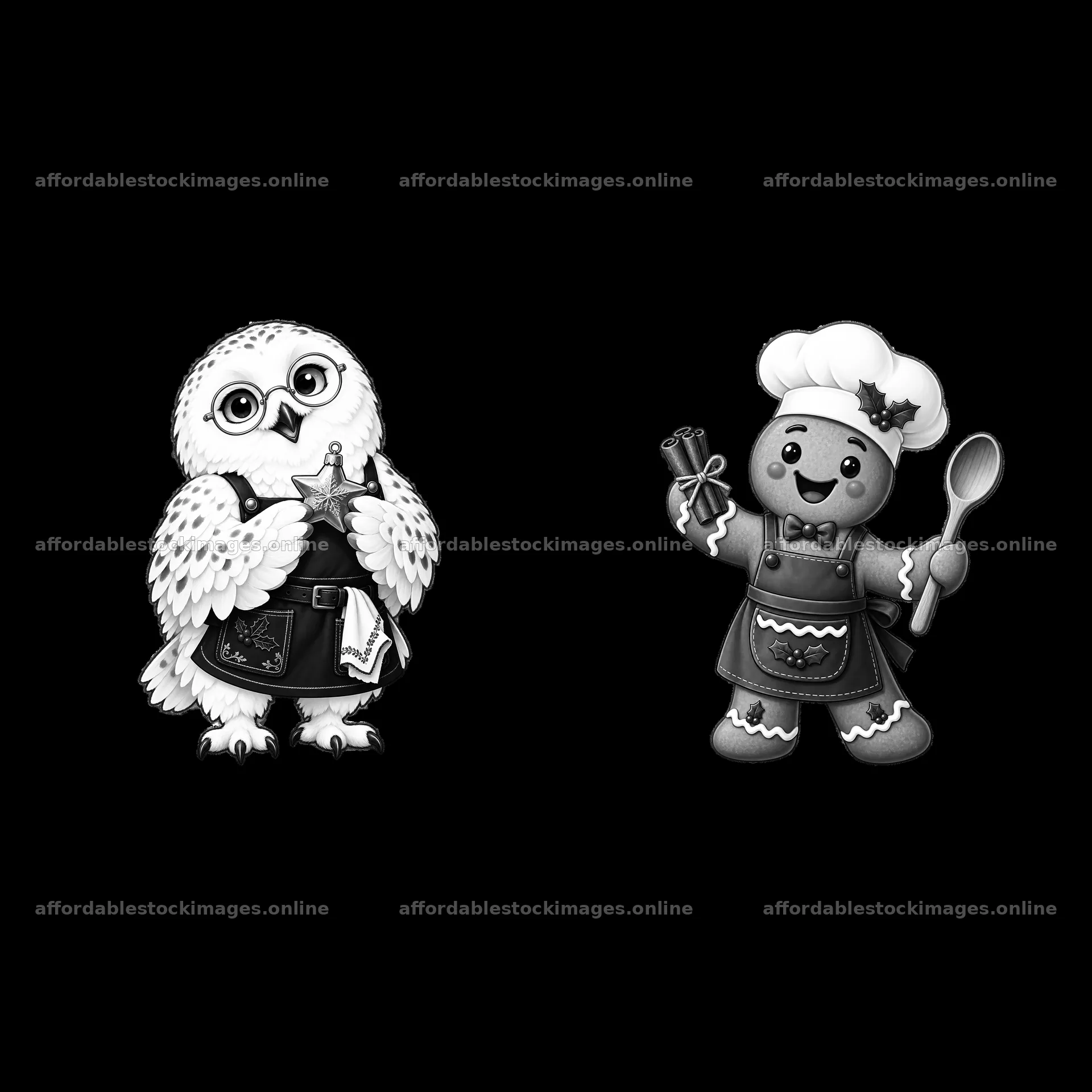 Chef owl holding a star cookie and gingerbread person baking – stock images 7746x7746