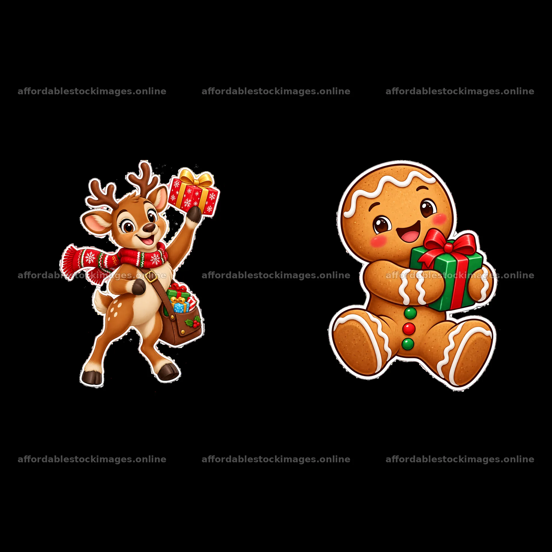 Cheerful reindeer and gingerbread man with Christmas gifts – stock images 7746x7746