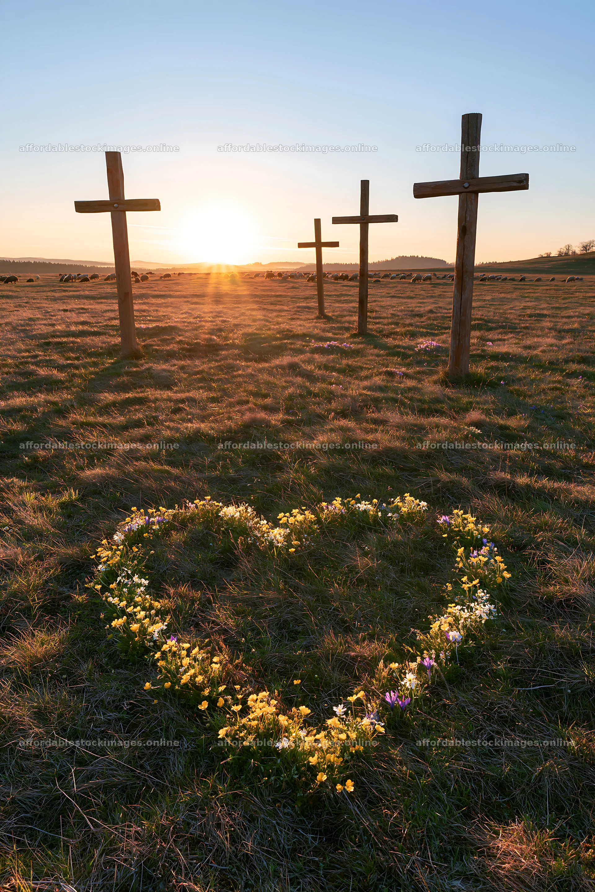 Four Christian crosses in a winter meadow at sunset – stock images 6480x9722