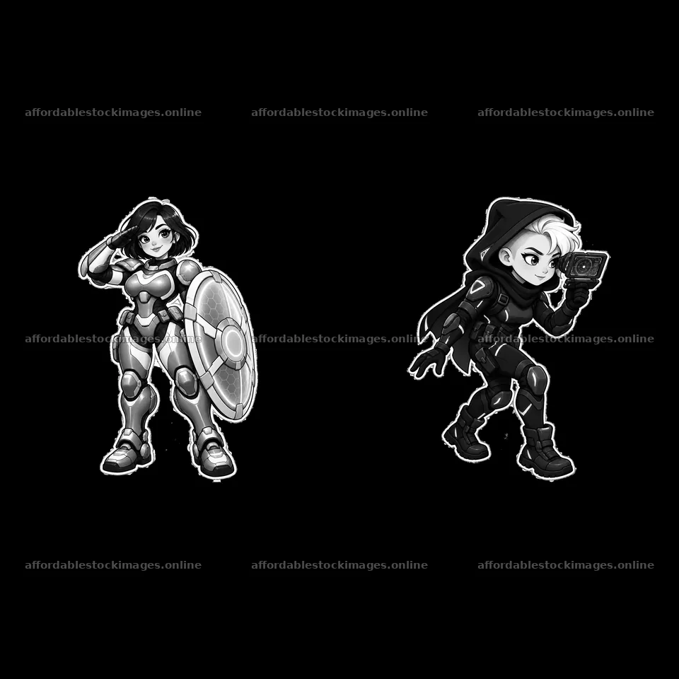 Kawaii futuristic super-soldier pair with distinct poses – stock images 7746x7746