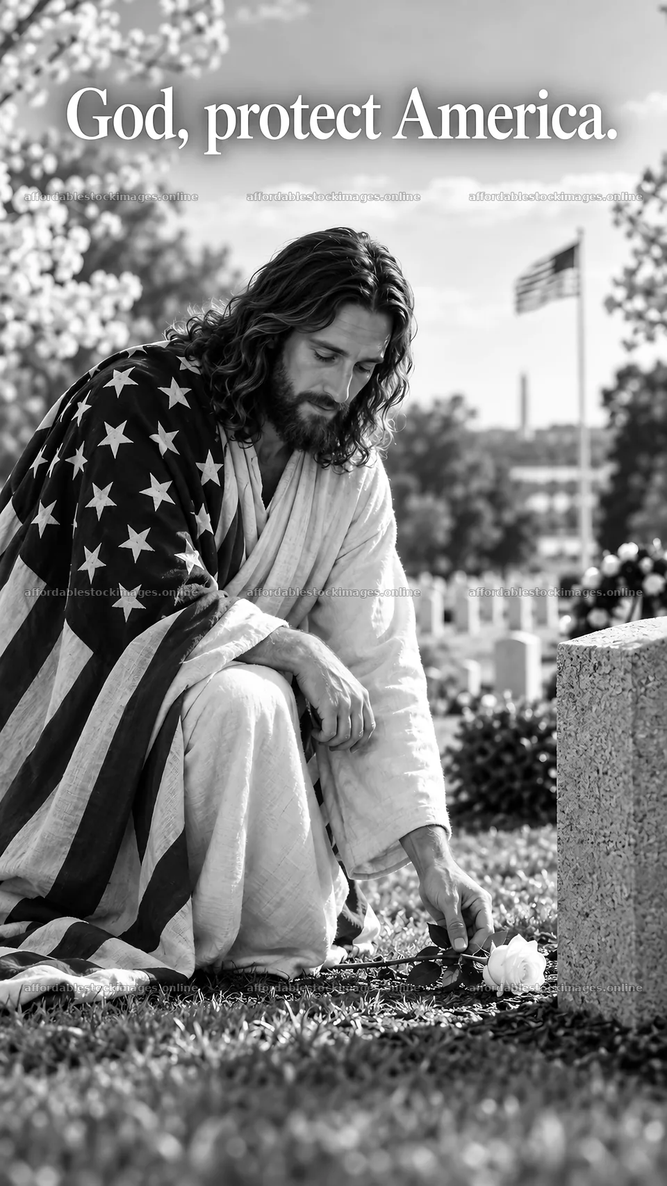 Jesus Christ praying for America at a memorial site – stock images 5811x10326