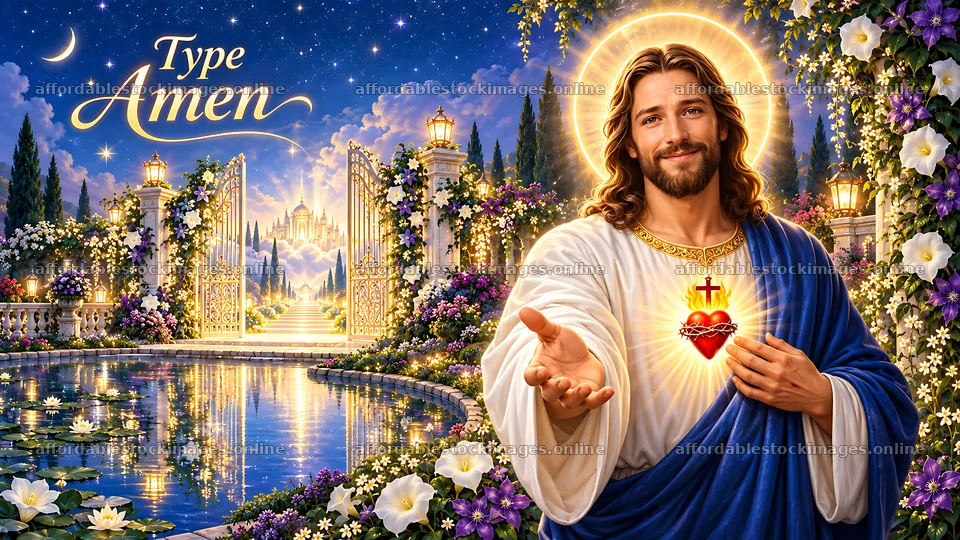 Jesus offering a welcoming gesture in a garden scene – stock images 10580x5954