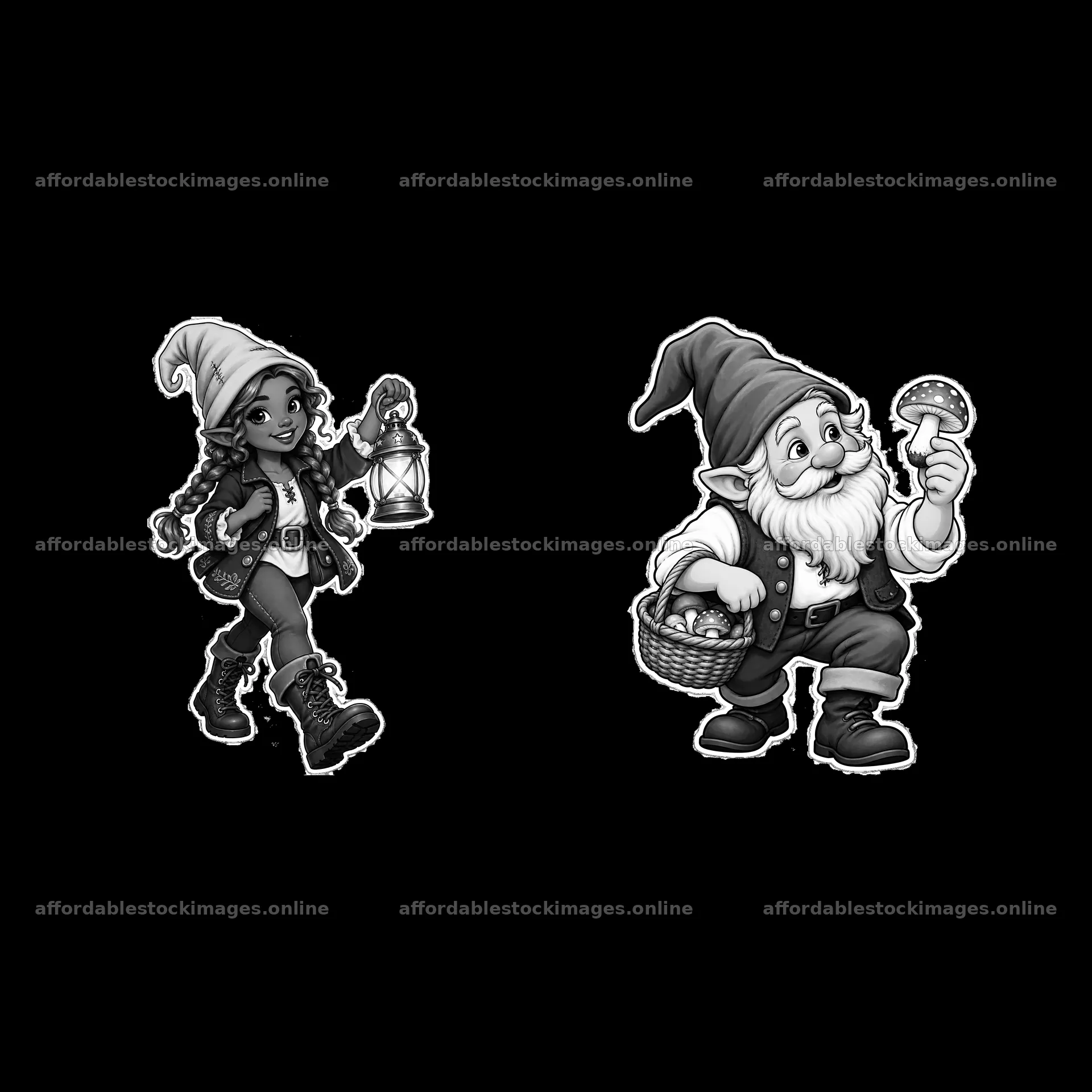 Gnome characters with lantern and basket in black and white – stock images 7746x7746