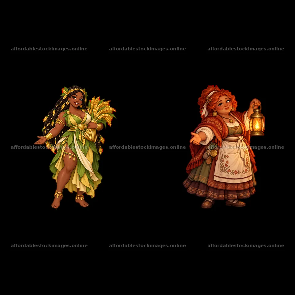 Pagan goddess holding grain next to a joyful woman with lantern – stock images 7746x7746