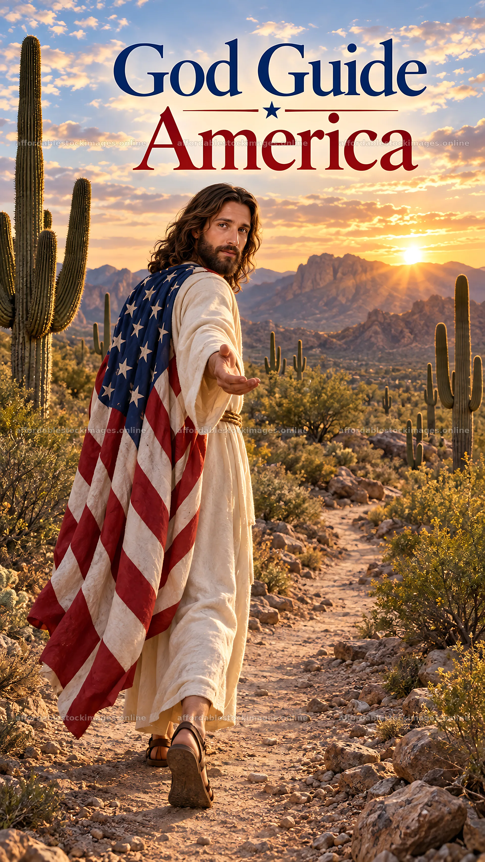 Jesus Christ walking in the desert with an American flag – stock images 5811x10326