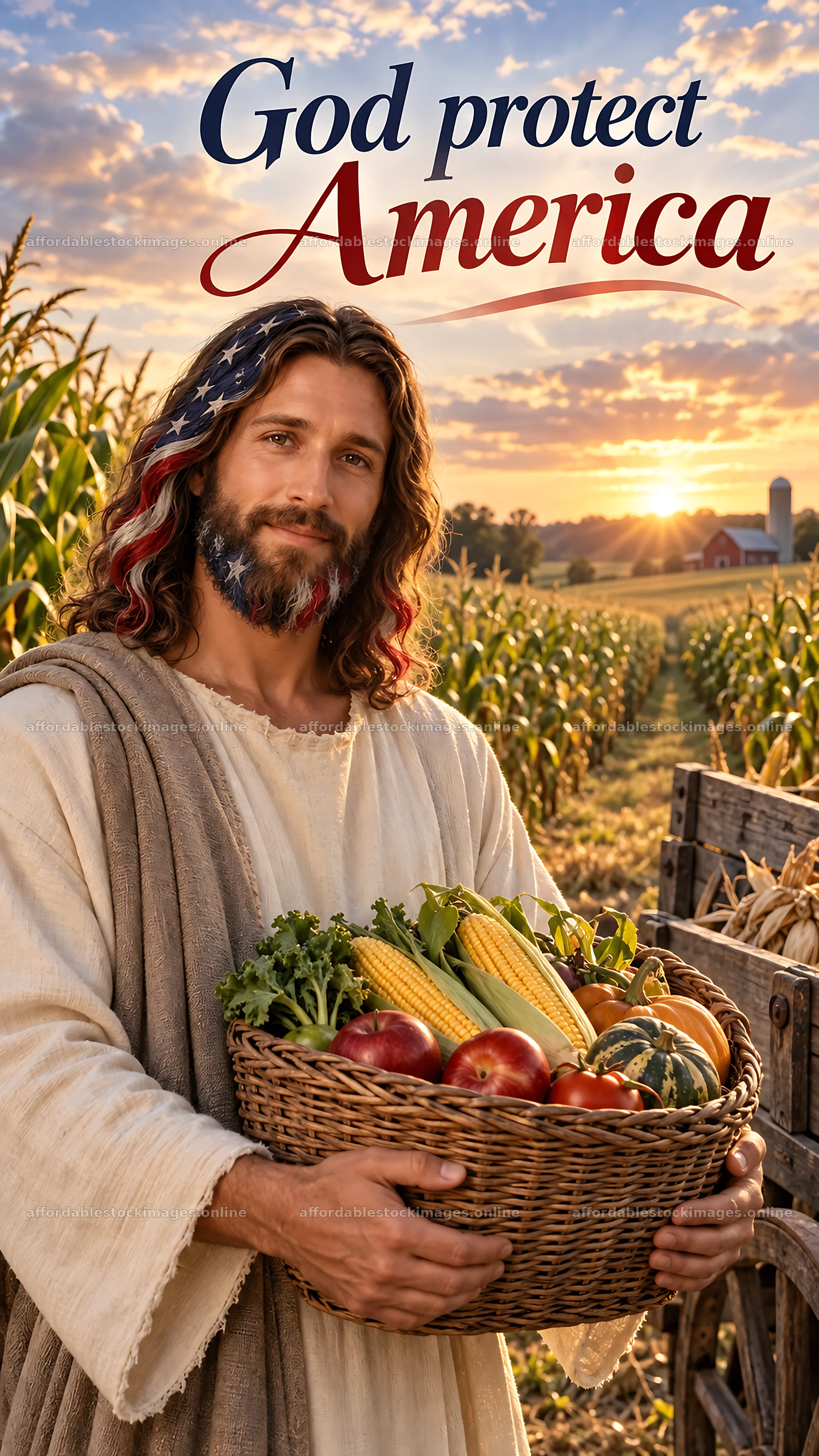Jesus Christ holding a basket of fruits in a cornfield – stock images 5811x10326