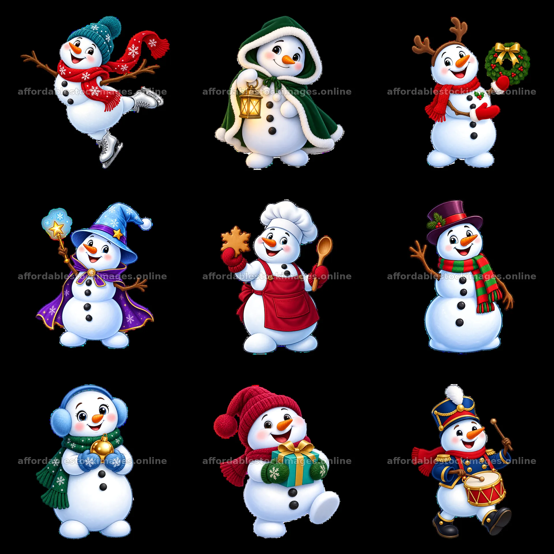 Snowmen in festive outfits celebrating Christmas in various – stock images 7746x7746