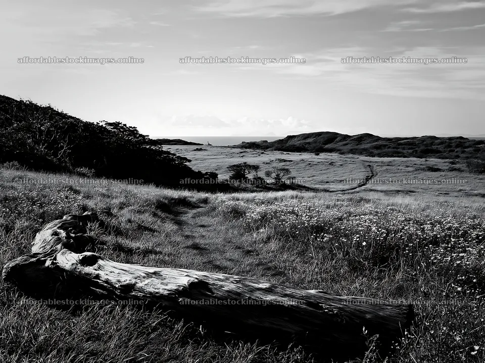 Chiba coastal climate meadow with driftwood in the foreground – stock images 9174x6866
