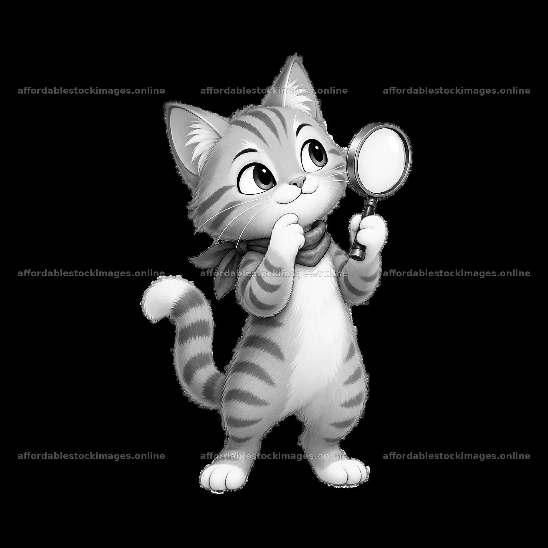 Curious cat holding a magnifying glass while thinking – stock images 7746x7746