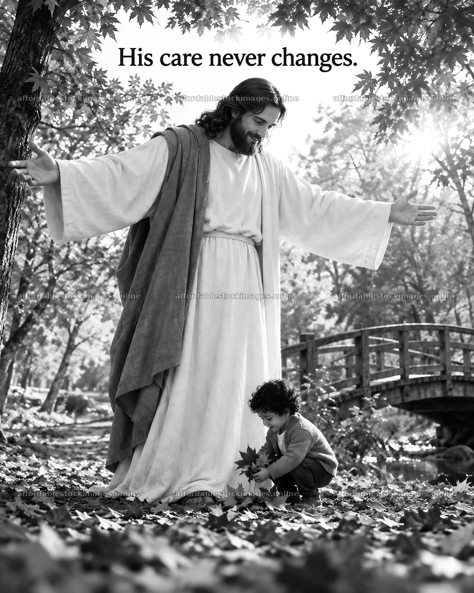 Jesus Christ comforting a child in a tranquil garden setting – stock images 6930x8659