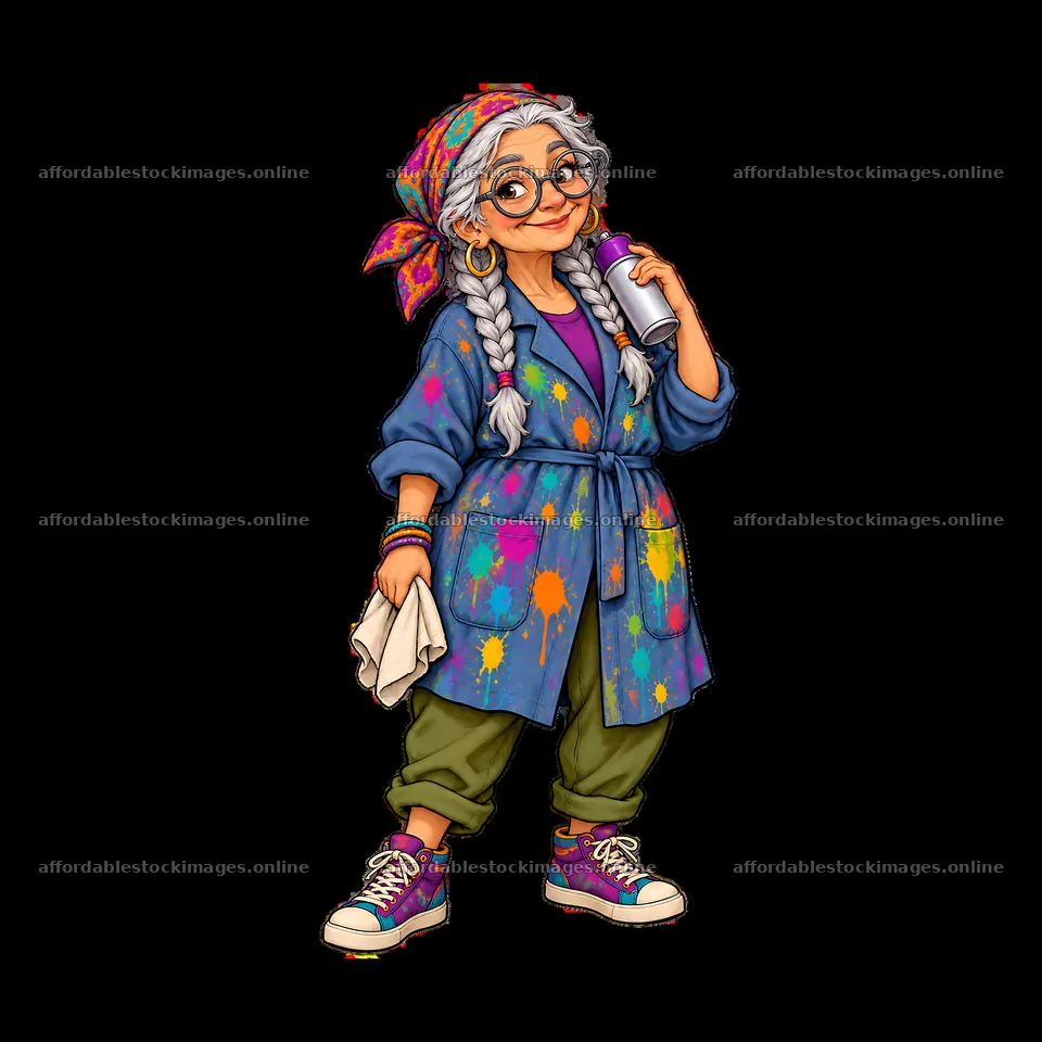 Grandmother graffiti sprayer with paint tools and vibrant outfit – stock images 7746x7746
