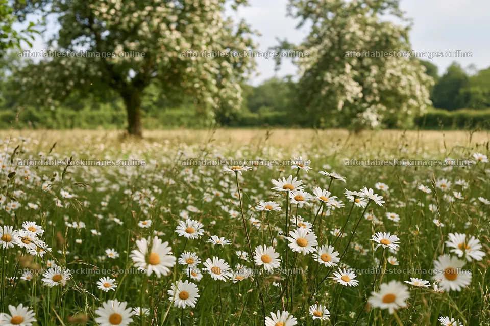 Daisy flowers in an apple meadow during daylight – stock images 9722x6480