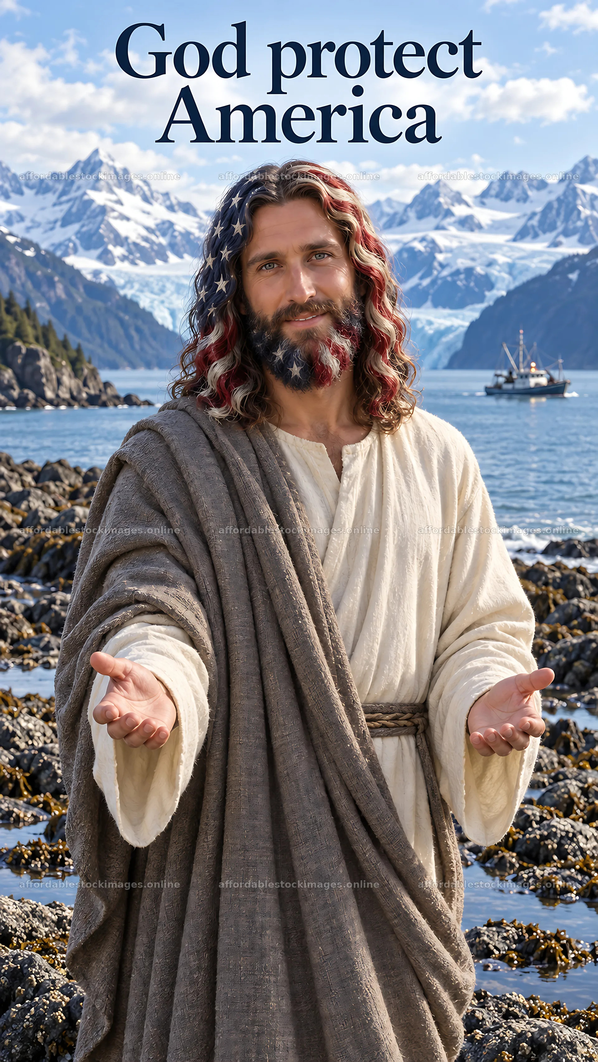 Jesus Christ in a welcoming pose by the water in America – stock images 5811x10326