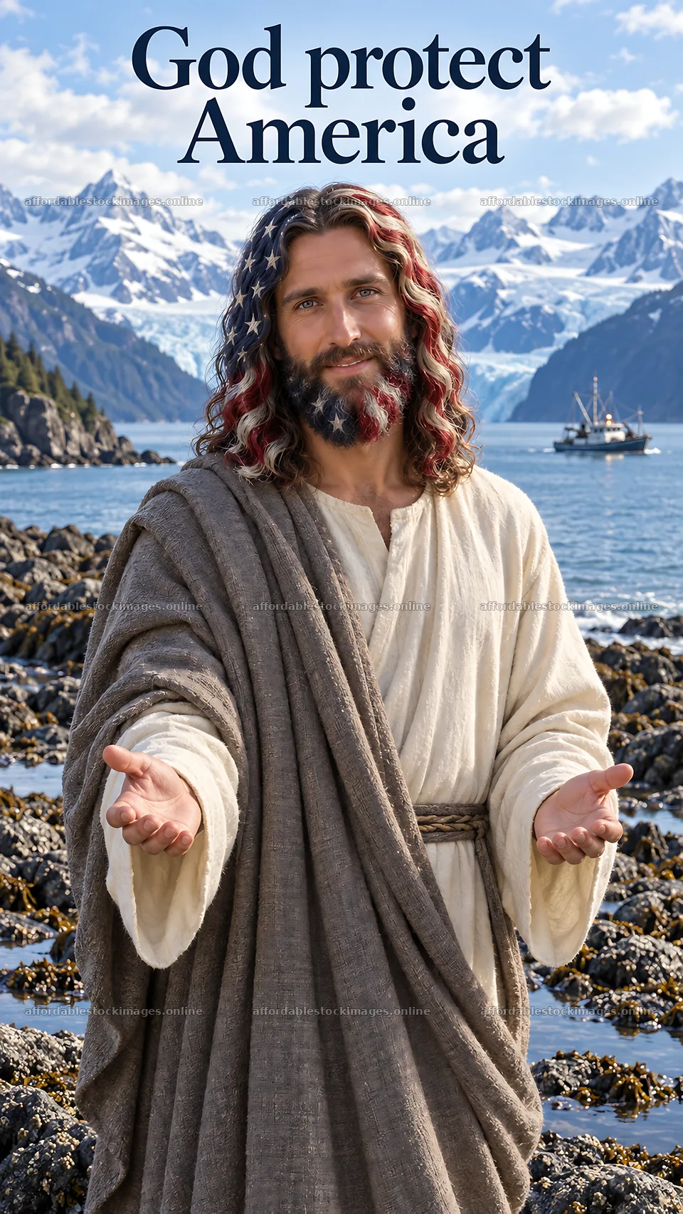 Jesus Christ in a welcoming pose by the water in America – stock images 5811x10326