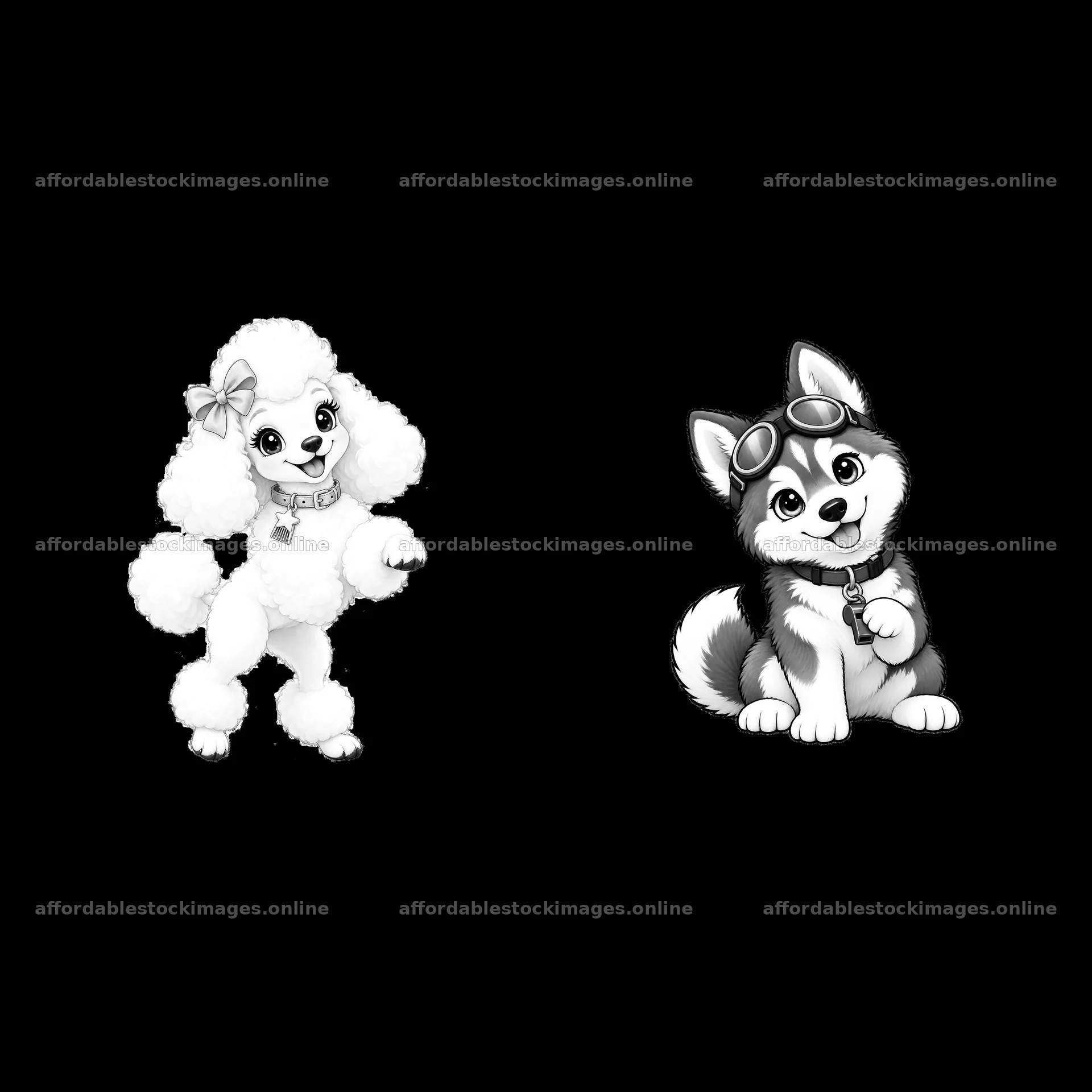 Cute cartoon dogs, poodle with bow and husky with glasses – stock images 7746x7746