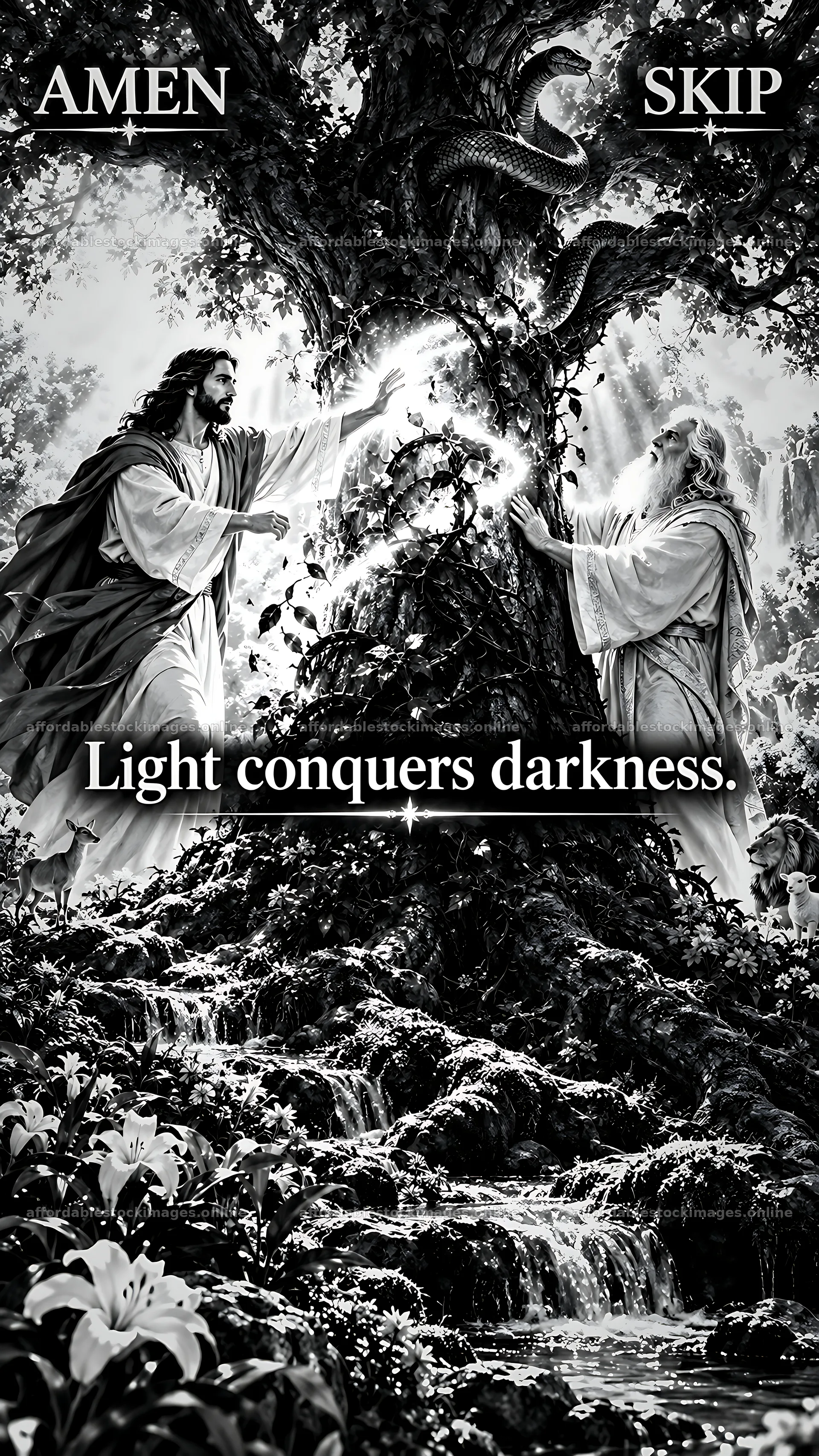Jesus Christ reaching out to share divine light in nature – stock images 5954x10580