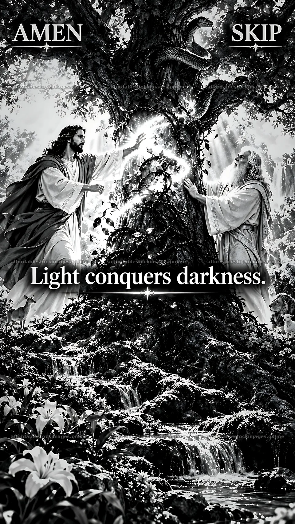 Jesus Christ reaching out to share divine light in nature – stock images 5954x10580