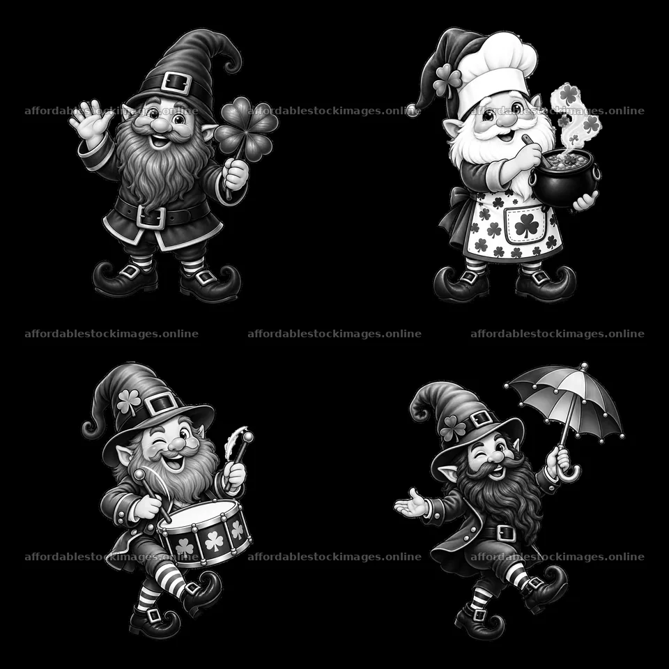 St. Patrick's Day gnomes with clover, pot, drum, and umbrella – stock images 7746x7746