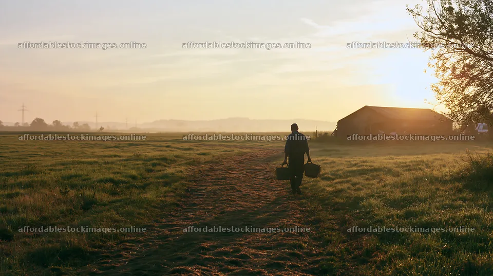 Meadow at sunrise with person walking towards a barn – stock images 10608x5938