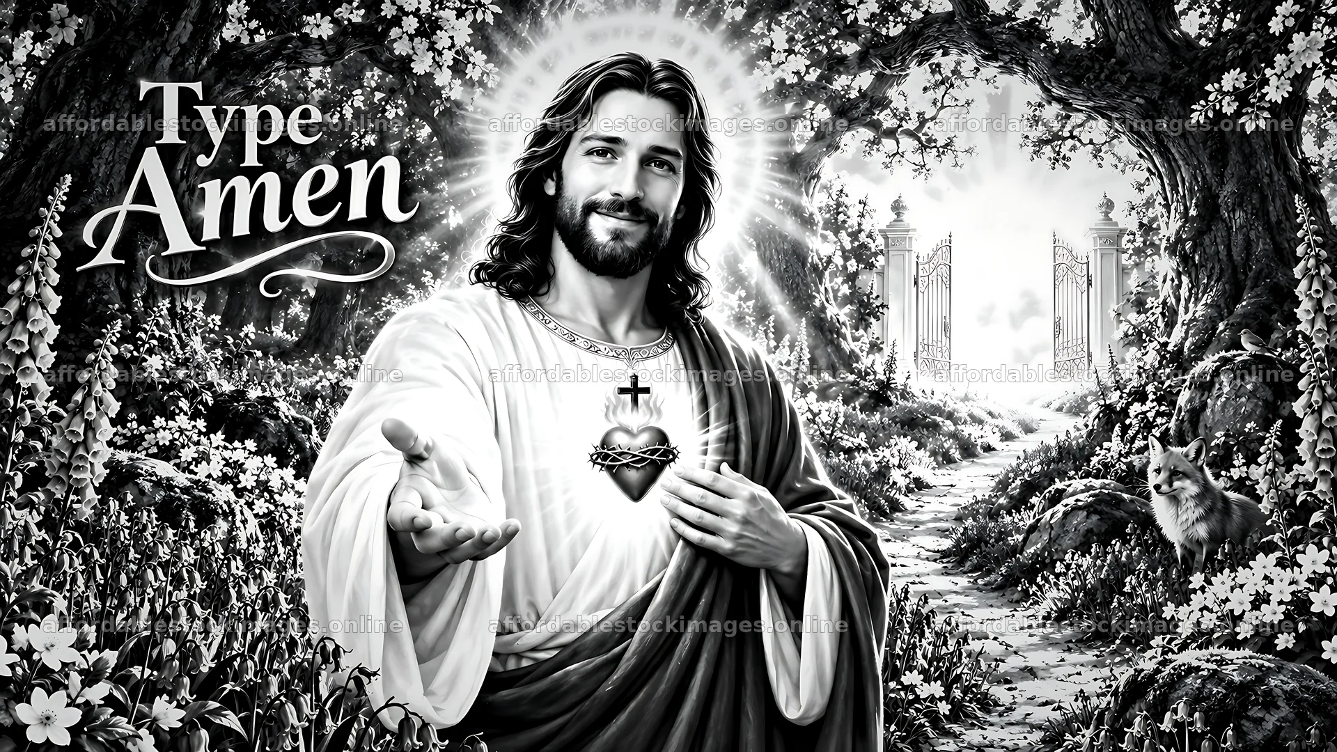 Jesus with an open hand in a woodland setting – stock images 10580x5954