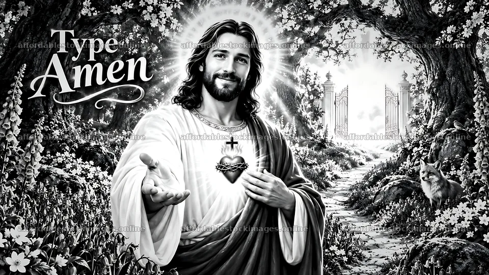 Jesus with an open hand in a woodland setting – stock images 10580x5954