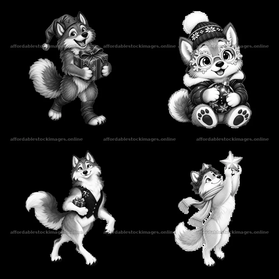 Christmas wolves celebrating with gifts and decorations – stock images 7746x7746