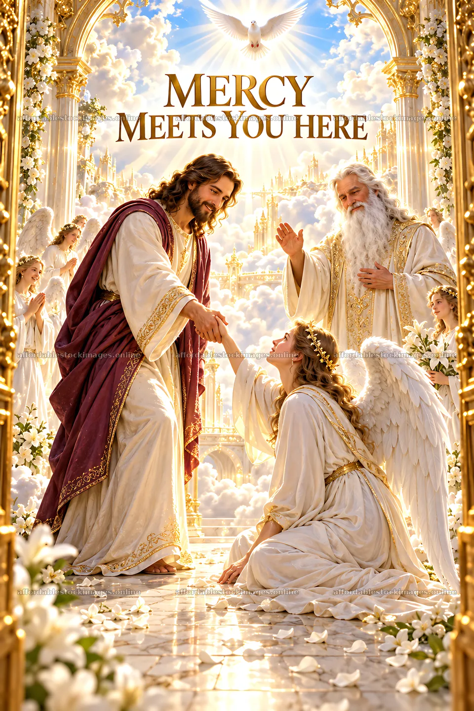 Mercy meets you here with angelic figures in a heavenly setting – stock images 6480x9722