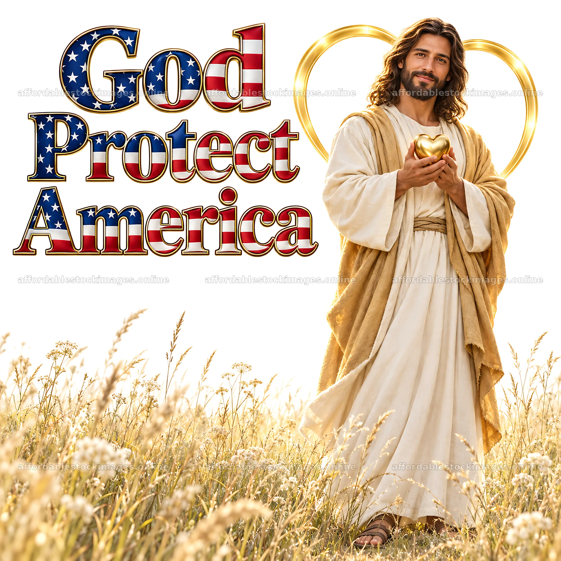 Jesus Christ holding a heart in a field with American flag – stock images 7746x7746