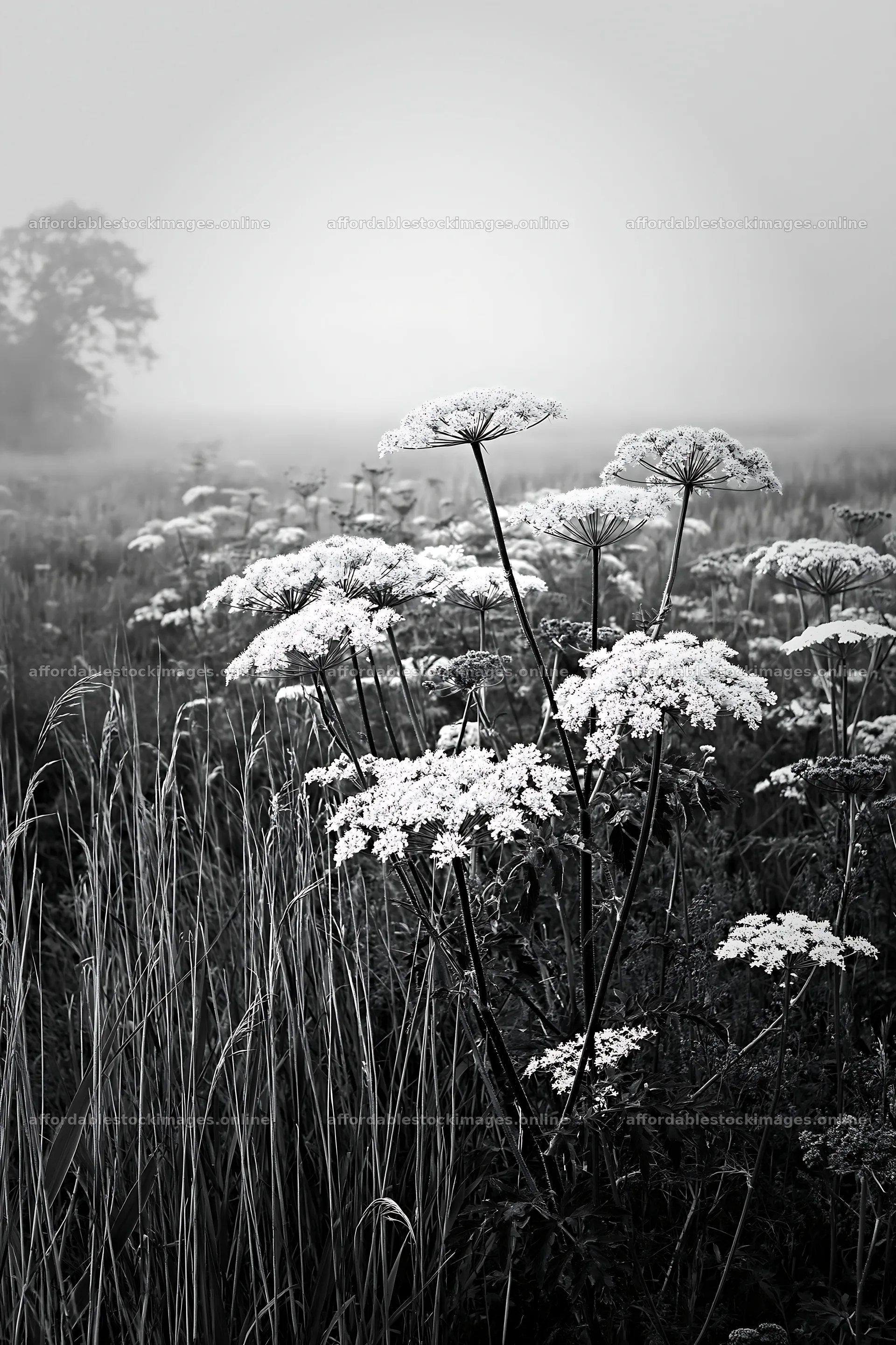 Saga floodplain meadow with reed foreground in morning fog – stock images 6480x9722