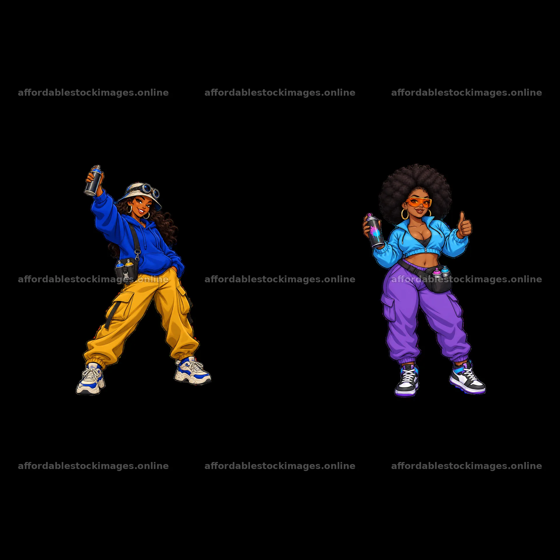 Graffiti artists in streetwear holding spray cans and posing – stock images 7746x7746
