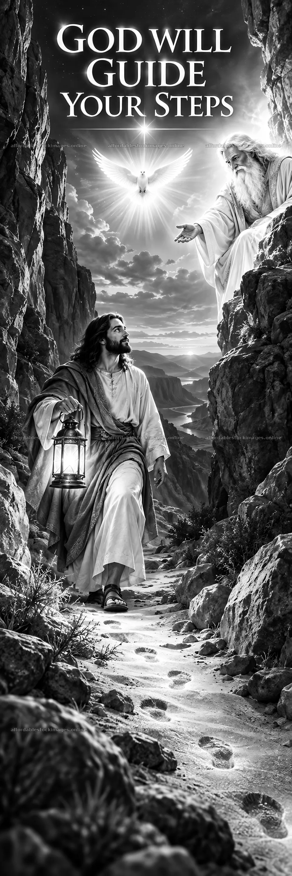 Jesus Christ walking with a lantern down a rocky path – stock images 4472x13417