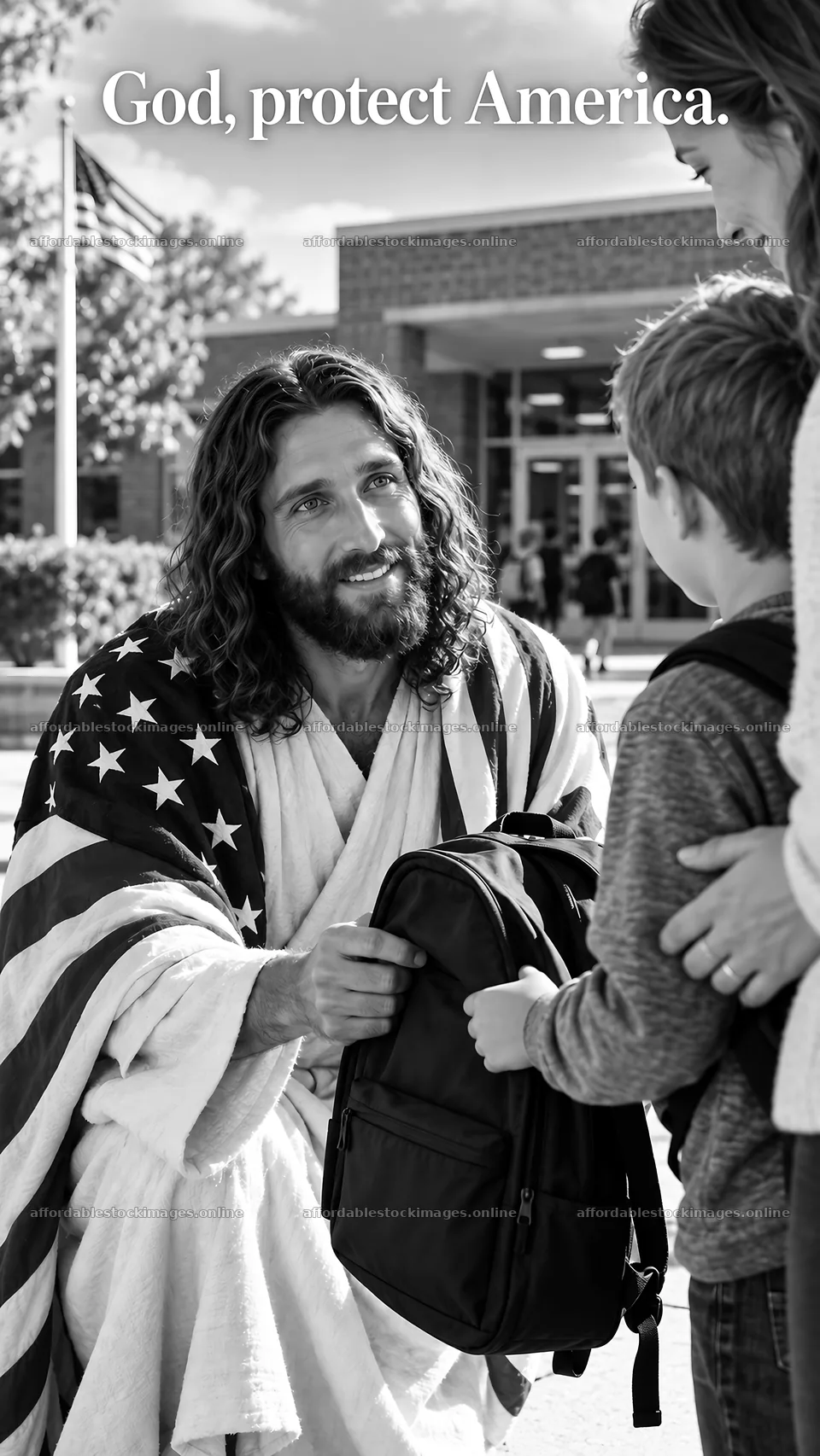 Jesus Christ comforting a child with a backpack – stock images 5811x10326