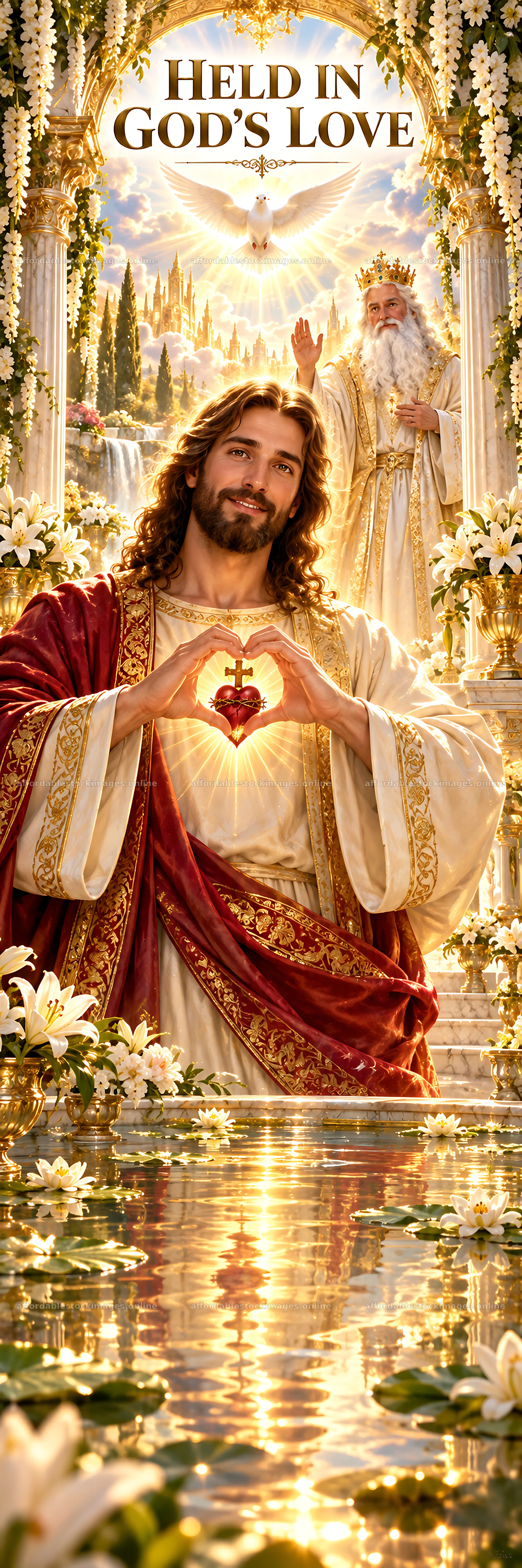 Jesus Christ sharing God's love with an open heart – stock images 4472x13417
