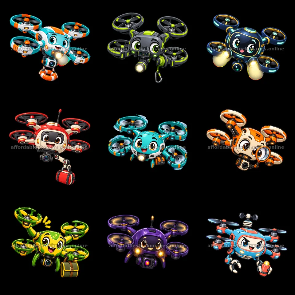 Nine cartoon drones with various designs and accessories – stock images 7746x7746