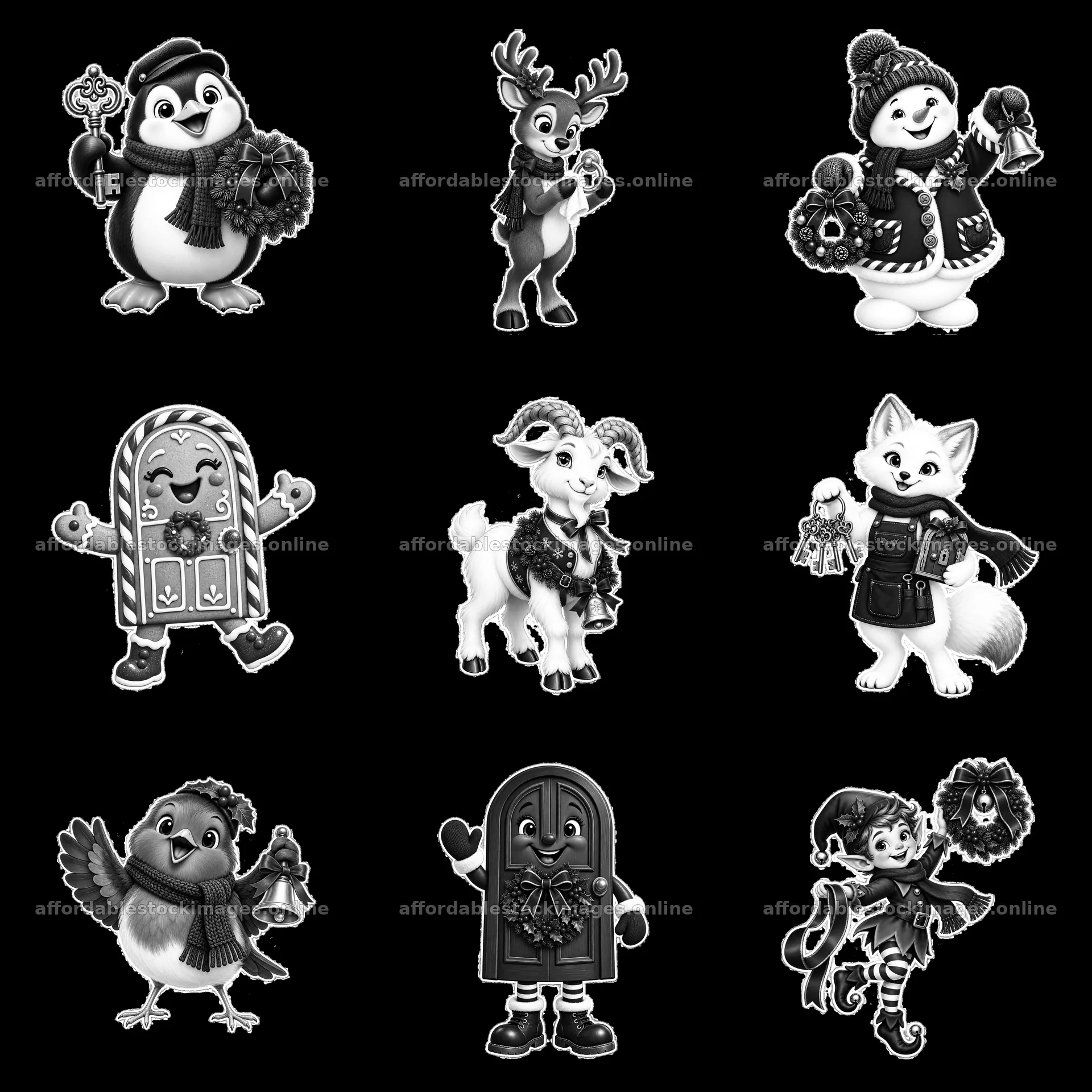 Christmas characters around a door in a 3x3 sticker layout – stock images 7746x7746