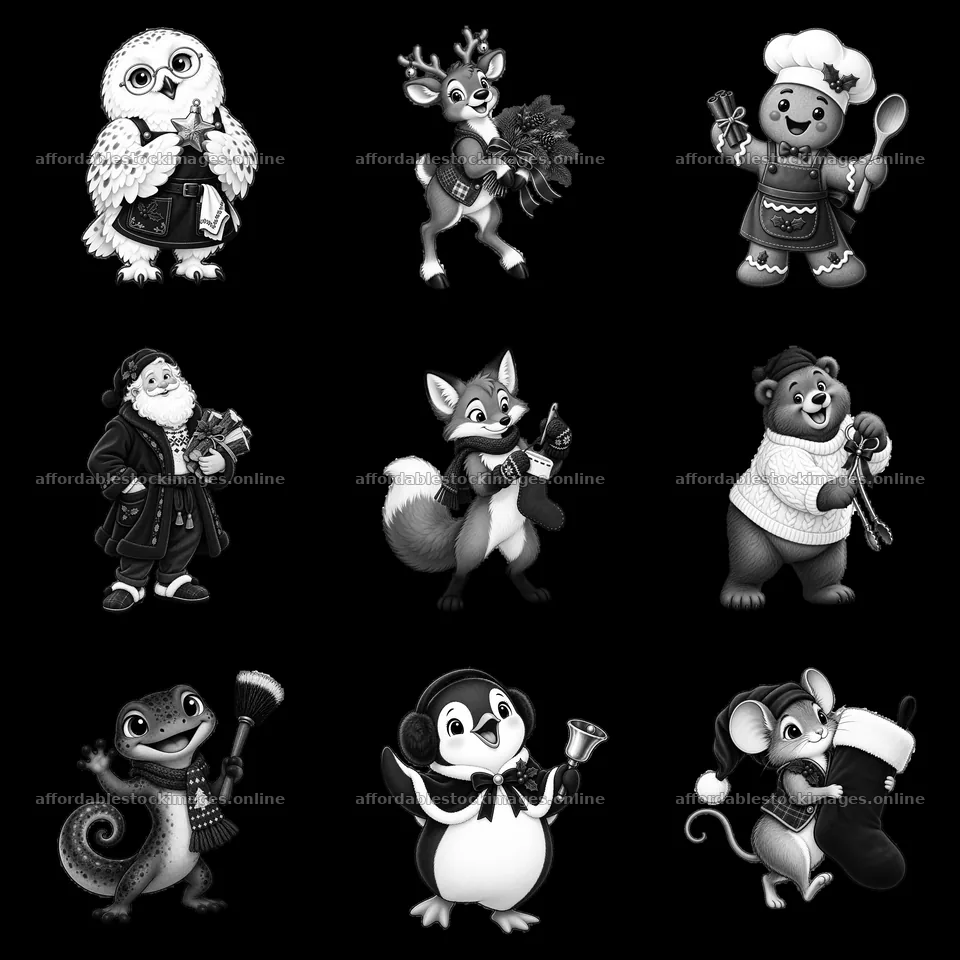 Cartoon characters celebrating Christmas around a fireplace – stock images 7746x7746