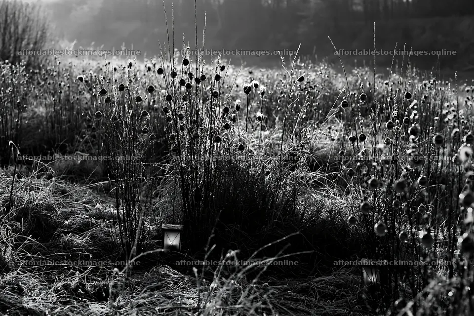 Frost-covered meadow with seedheads and lanterns at dusk – stock images 9722x6480