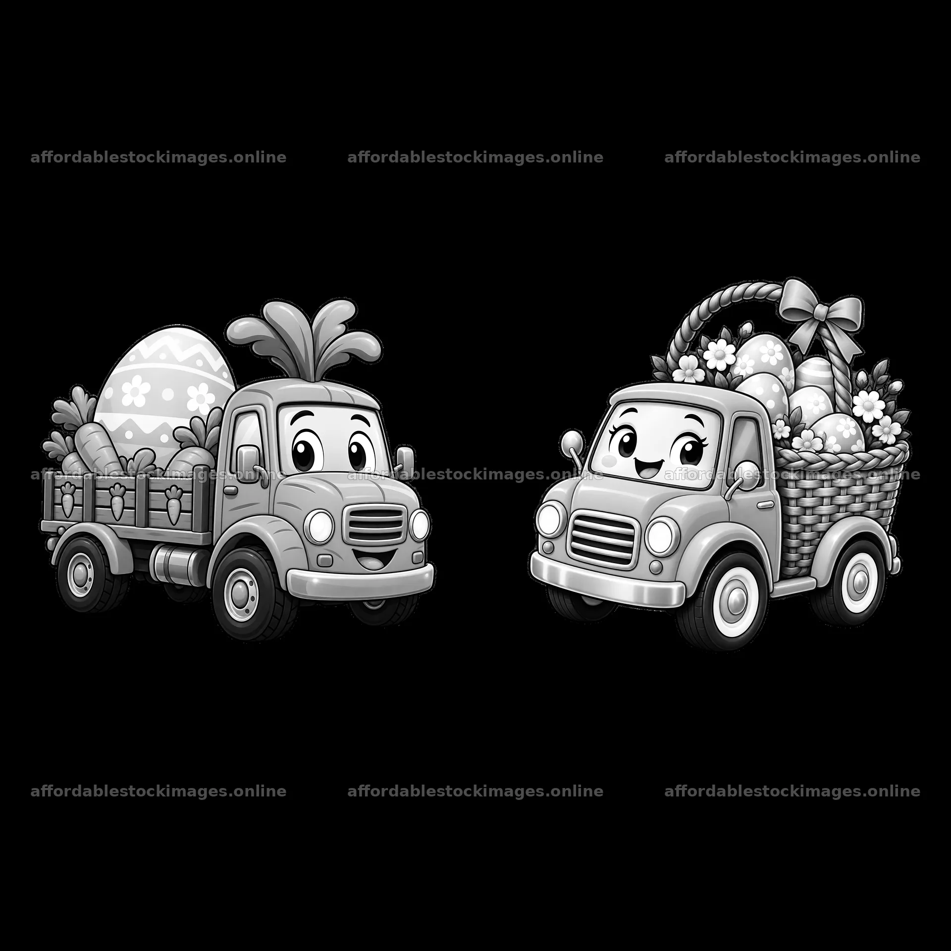 Easter trucks carrying decorated eggs and gifts – stock images 7746x7746