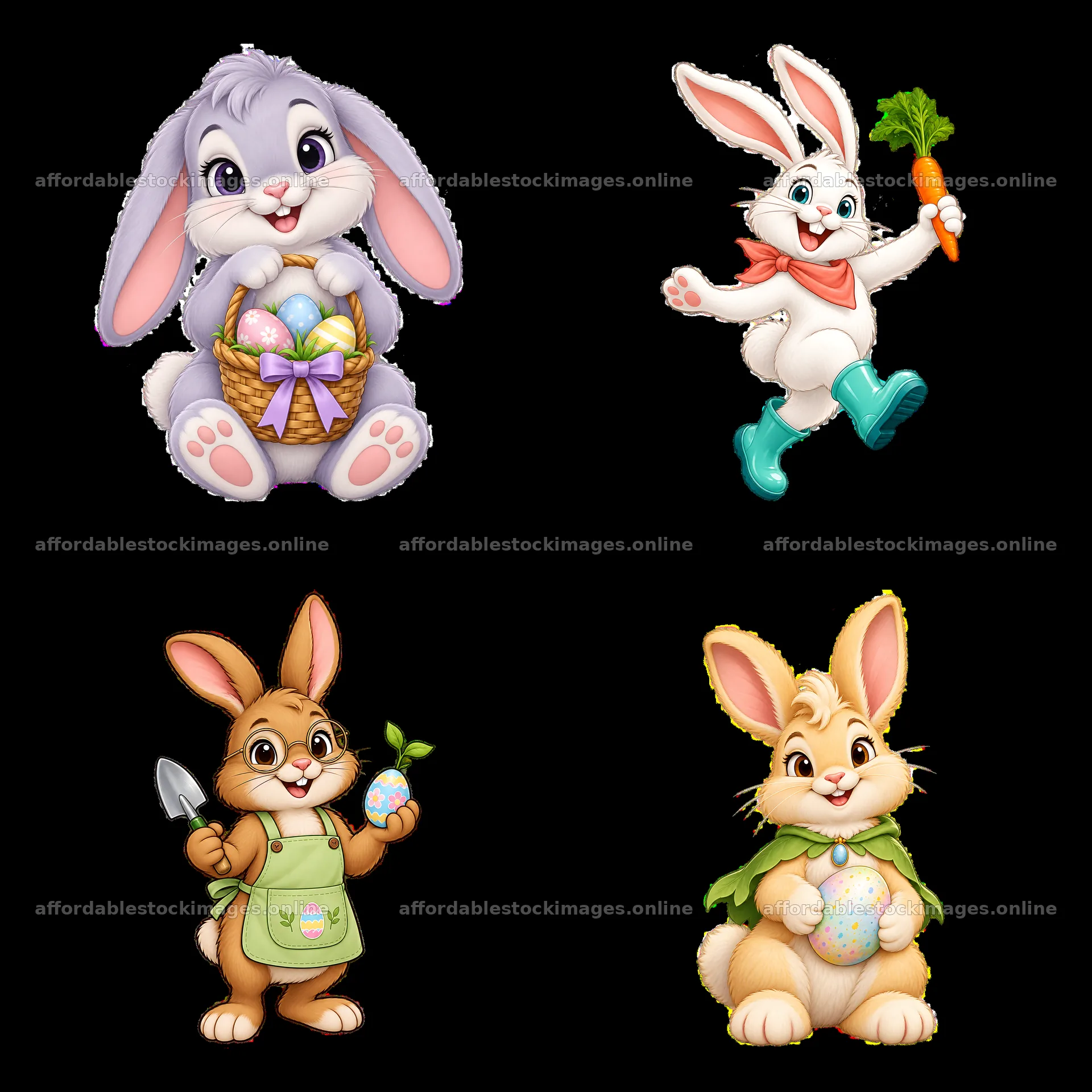Easter bunny characters with accessories and activities in 2x2 – stock images 7746x7746