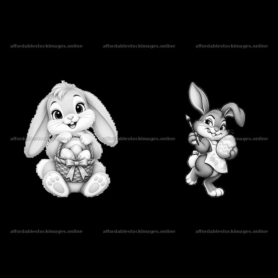 Easter bunny holding eggs and bunny painting an egg – stock images 7746x7746