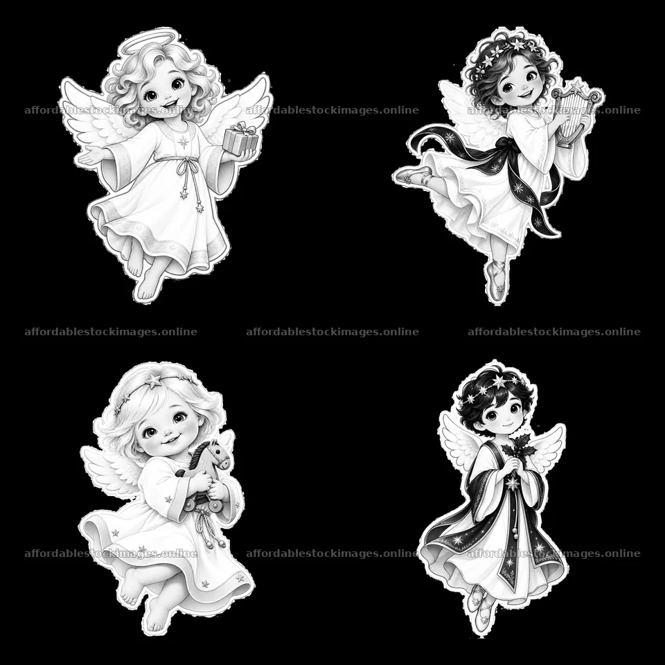 Christ Child stickers with gifts, harp, and angel wings – stock images 7746x7746
