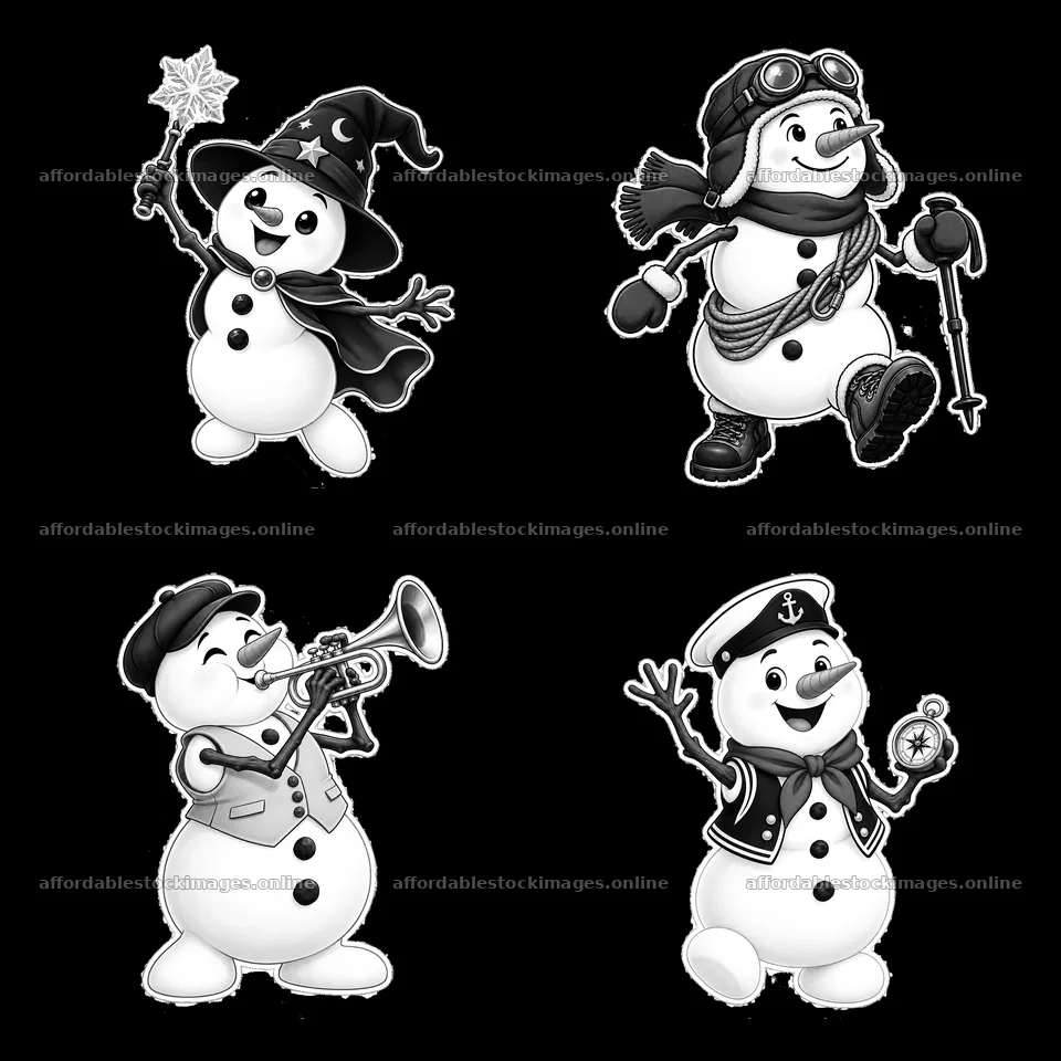 Snowman characters in different outfits and activities in a grid – stock images 7746x7746