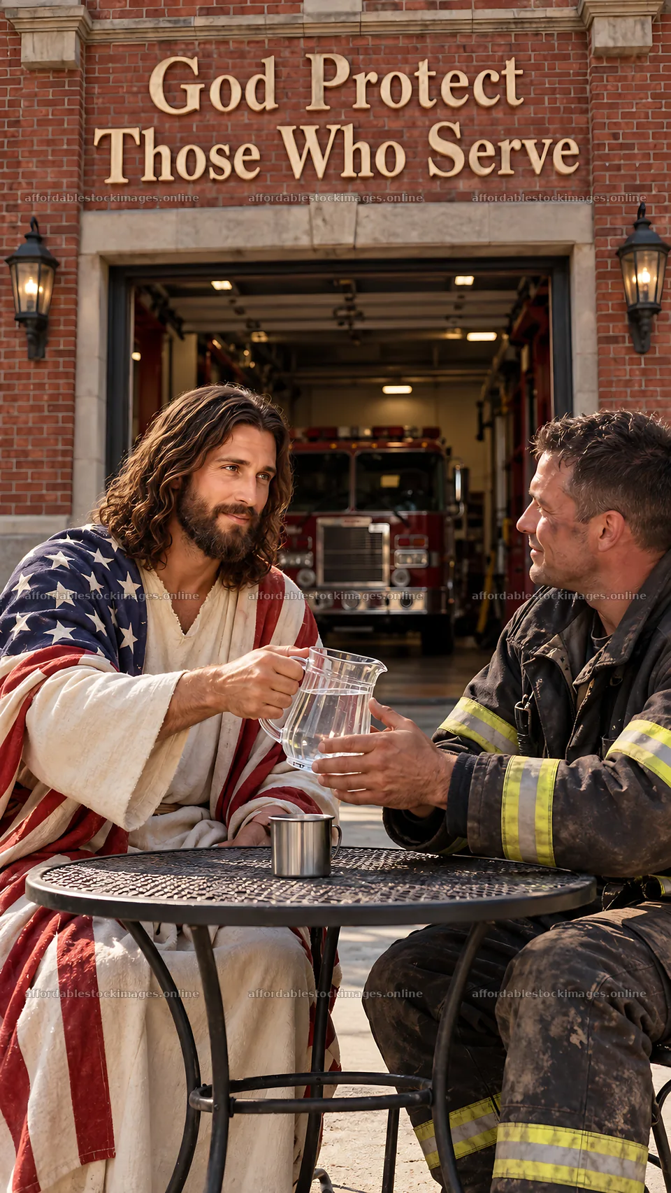 Jesus Christ sharing a drink with a firefighter – stock images 5811x10326