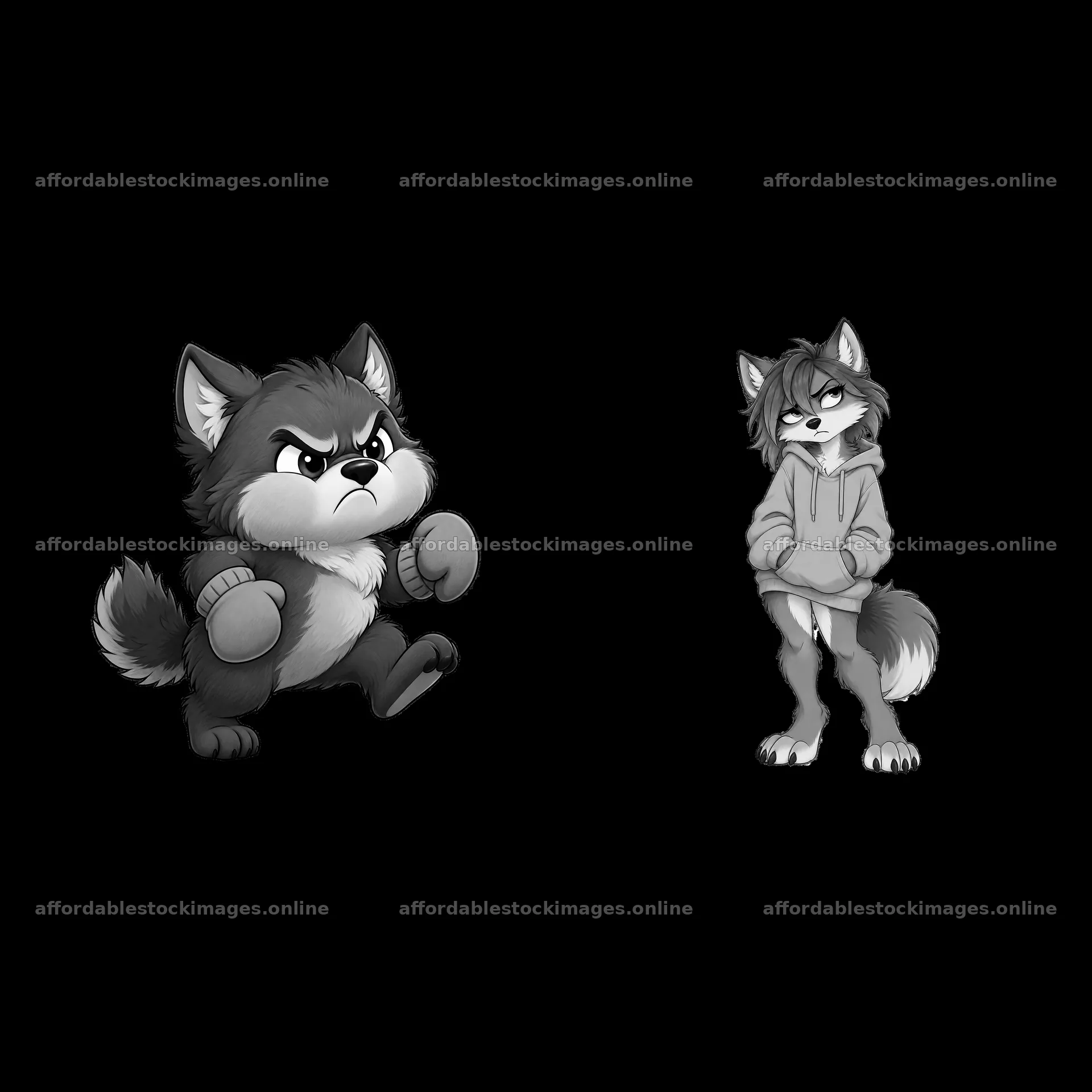 Grumpy wolf character with angry expression and calm companion – stock images 7746x7746