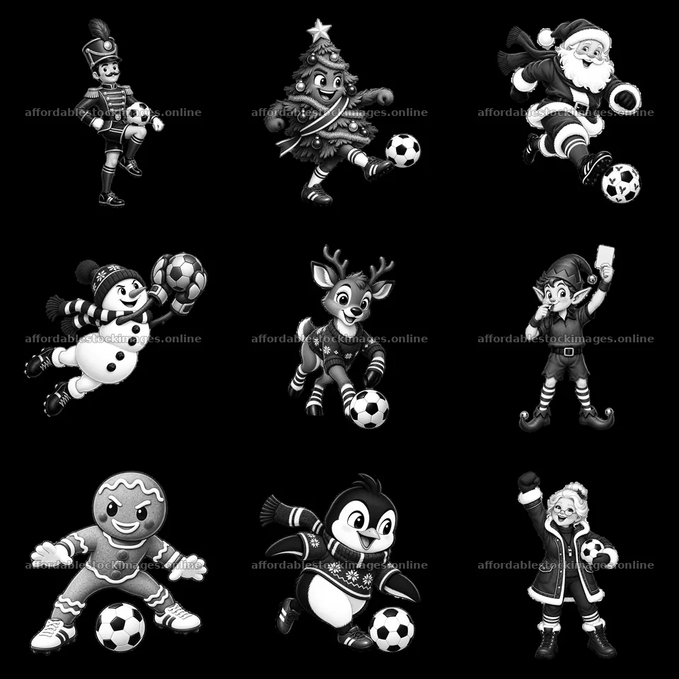 Christmas characters playing soccer in a 3x3 grid layout – stock images 7746x7746