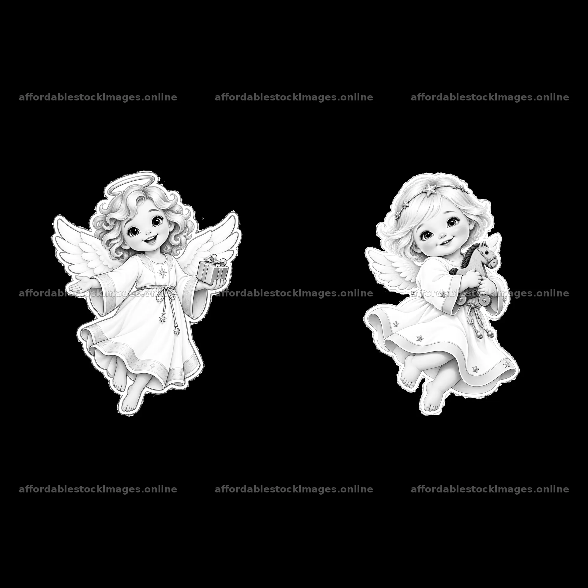 Christ Child with gifts and toys in black-and-white illustration – stock images 7746x7746