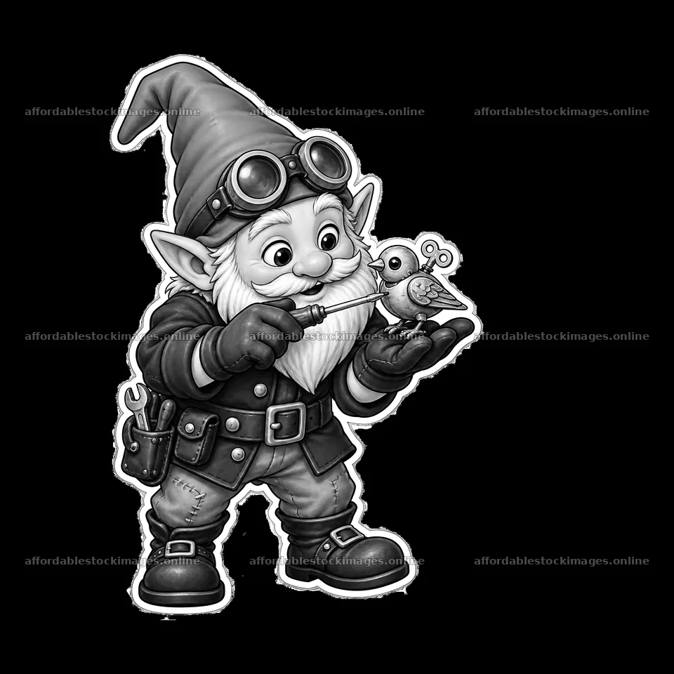 Gnome with steampunk goggles holding a bird on his hand – stock images 7746x7746