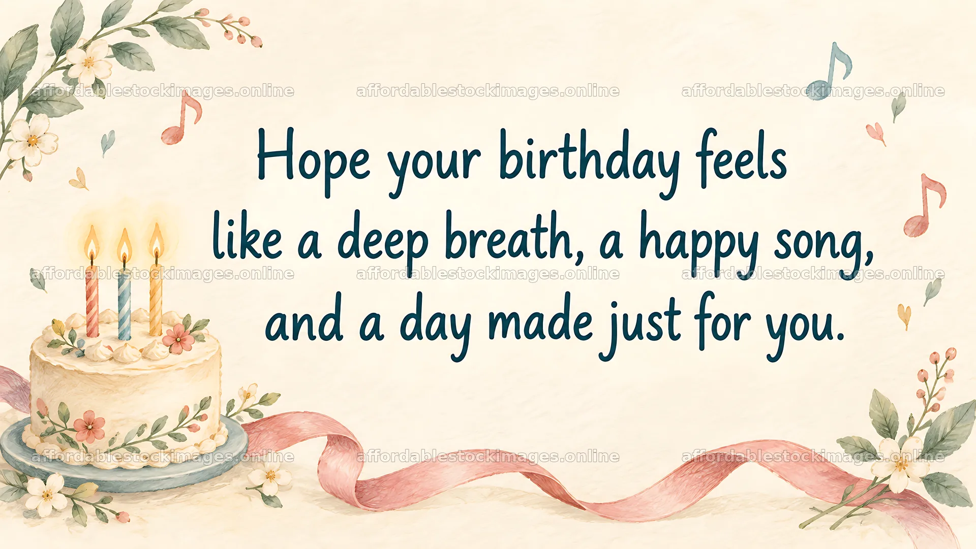 Watercolor Birthday Cake Greeting with Floral Details – stock images 10324x5812