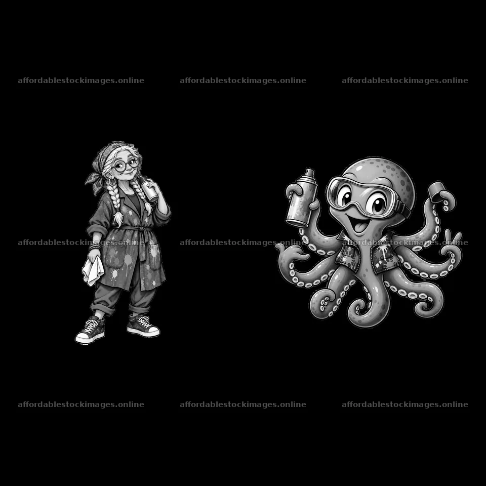 Cartoon graffiti sprayer girl and octopus holding spray can – stock images 7746x7746
